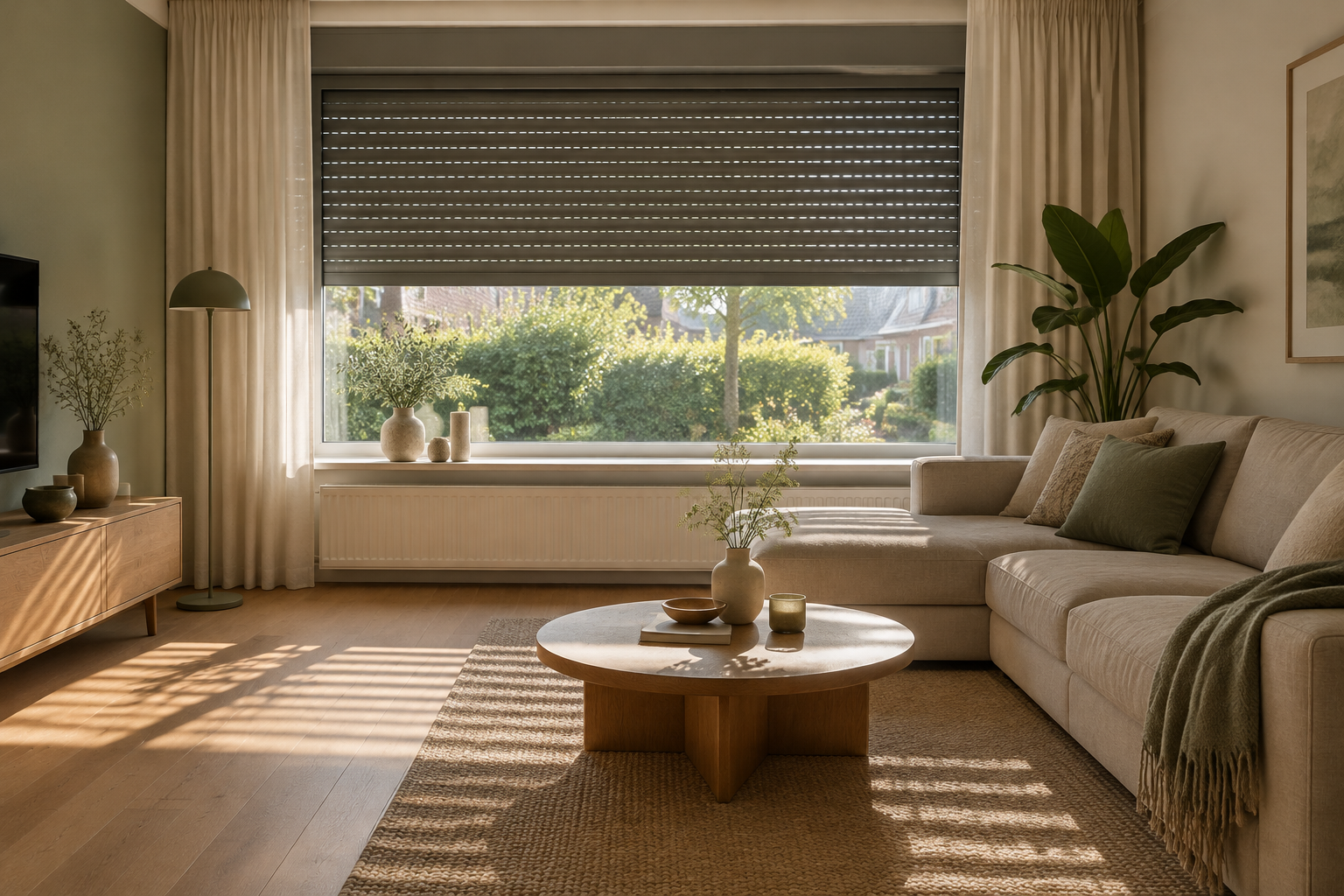 Woonkamer met een half neergelaten rolluik en zacht invallend licht