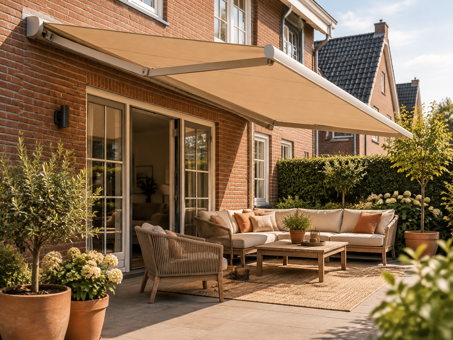 Uitgedraaide beige luifel met knikarmen boven een terras bij een bakstenen woning