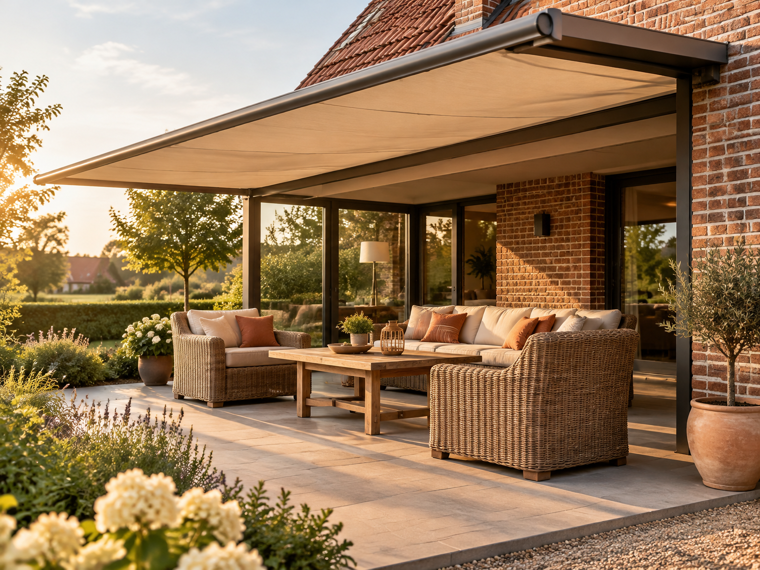 Veranda met uitgeschoven stoffen zonwering boven een zithoek op het terras