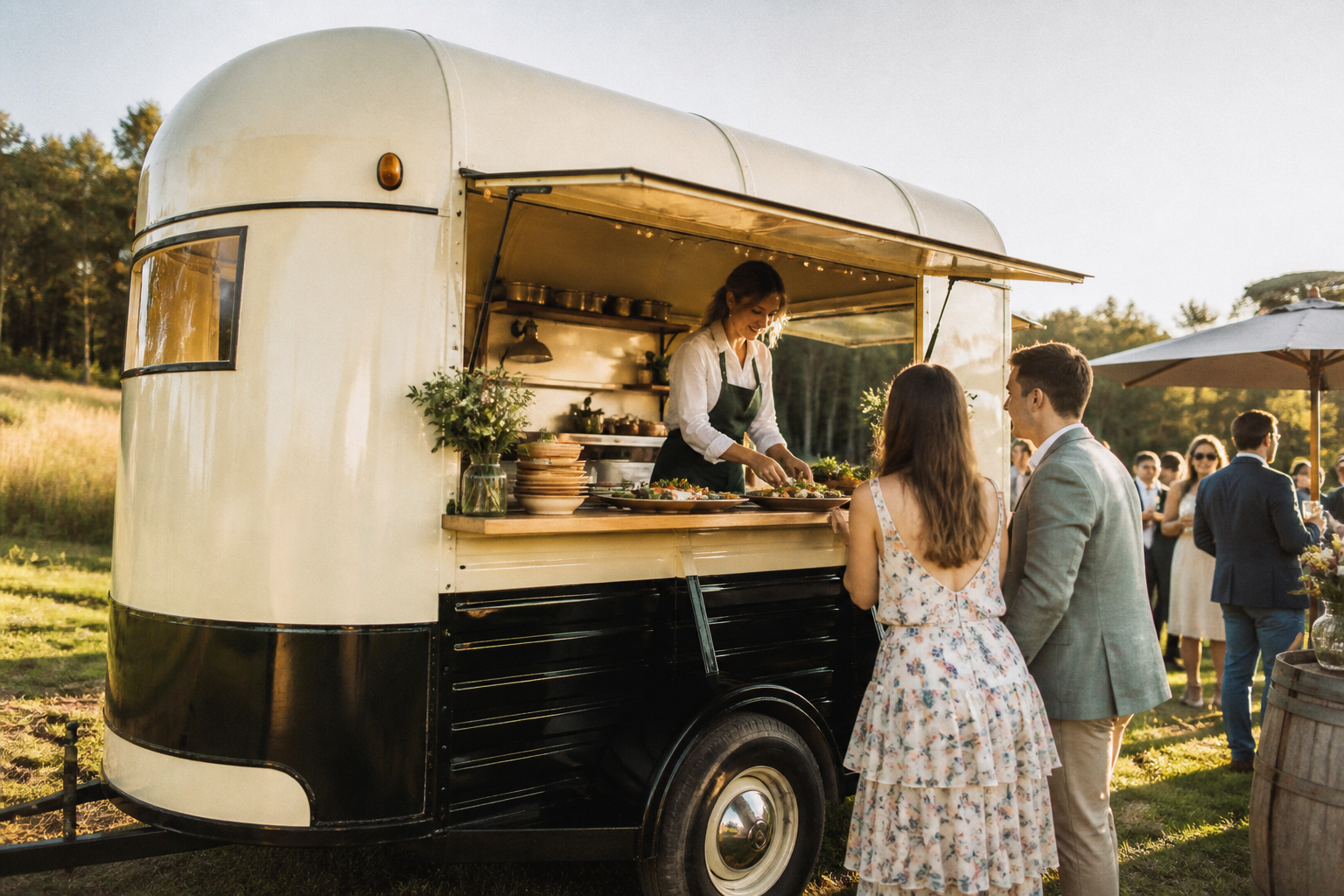 A converted horse trailer serving food at an outdoor celebration