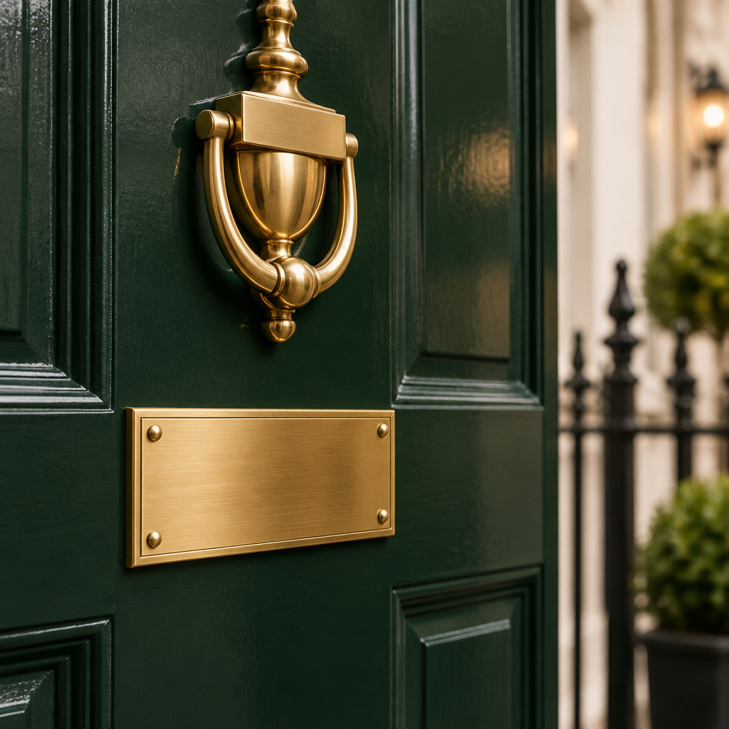A brass door knocker and letterplate on a dark green townhouse front door