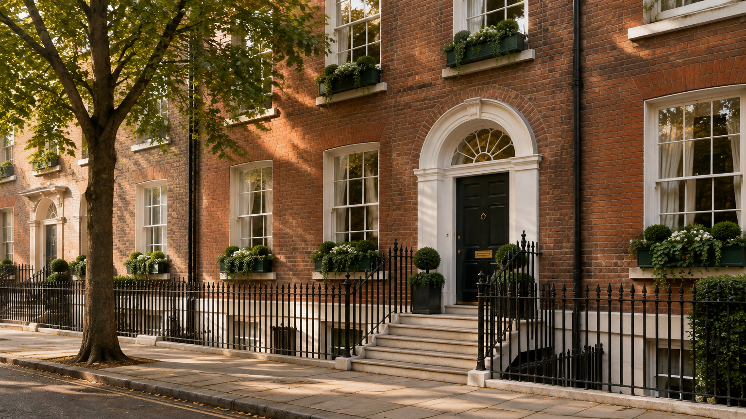A stately Georgian brick townhouse on a leafy London street