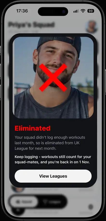 Squadz app elimination screen telling the squad it has been eliminated from the UK League for next month
