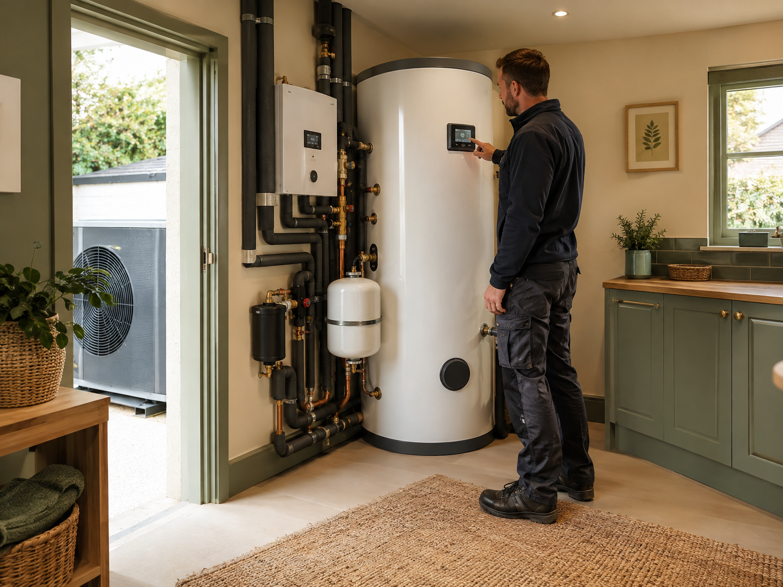 Heat pump cylinder and controls in a utility room