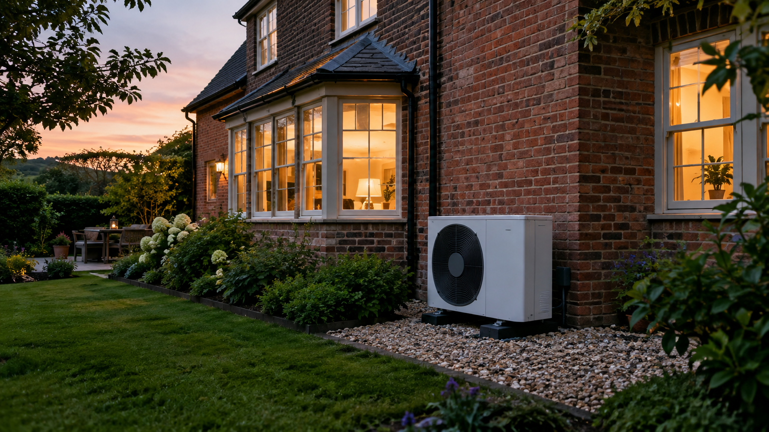 Air source heat pump installed beside a brick home