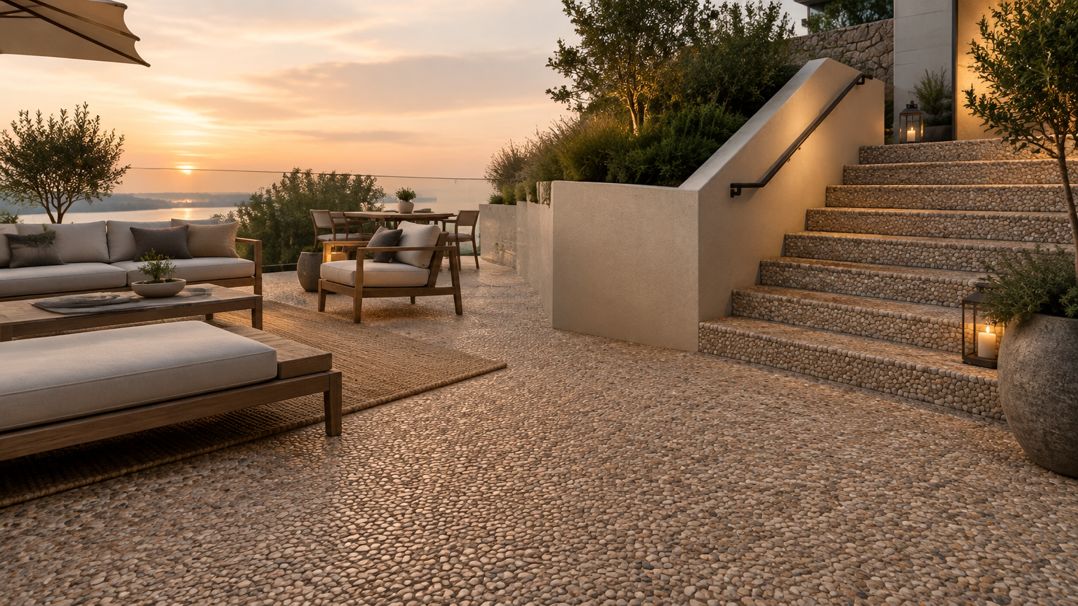 Terrasse med stentæppebelægning