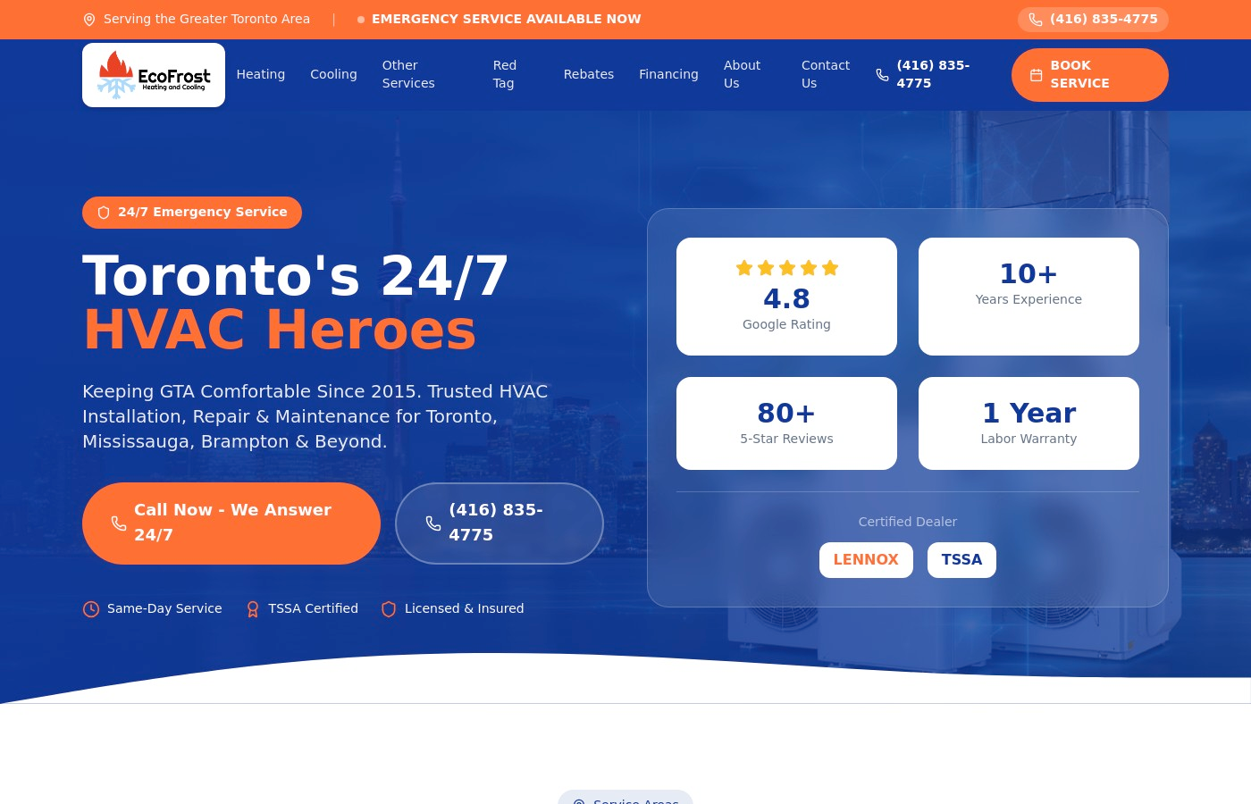 Ecofrost Heating & Cooling website - Toronto's 24/7 HVAC Heroes with (416) 835-4775