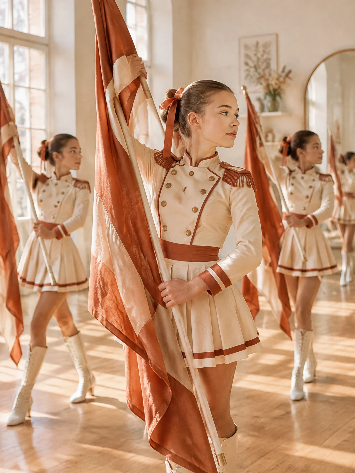 Mažoretky s krémovými uniformami a terakotovými stuhami