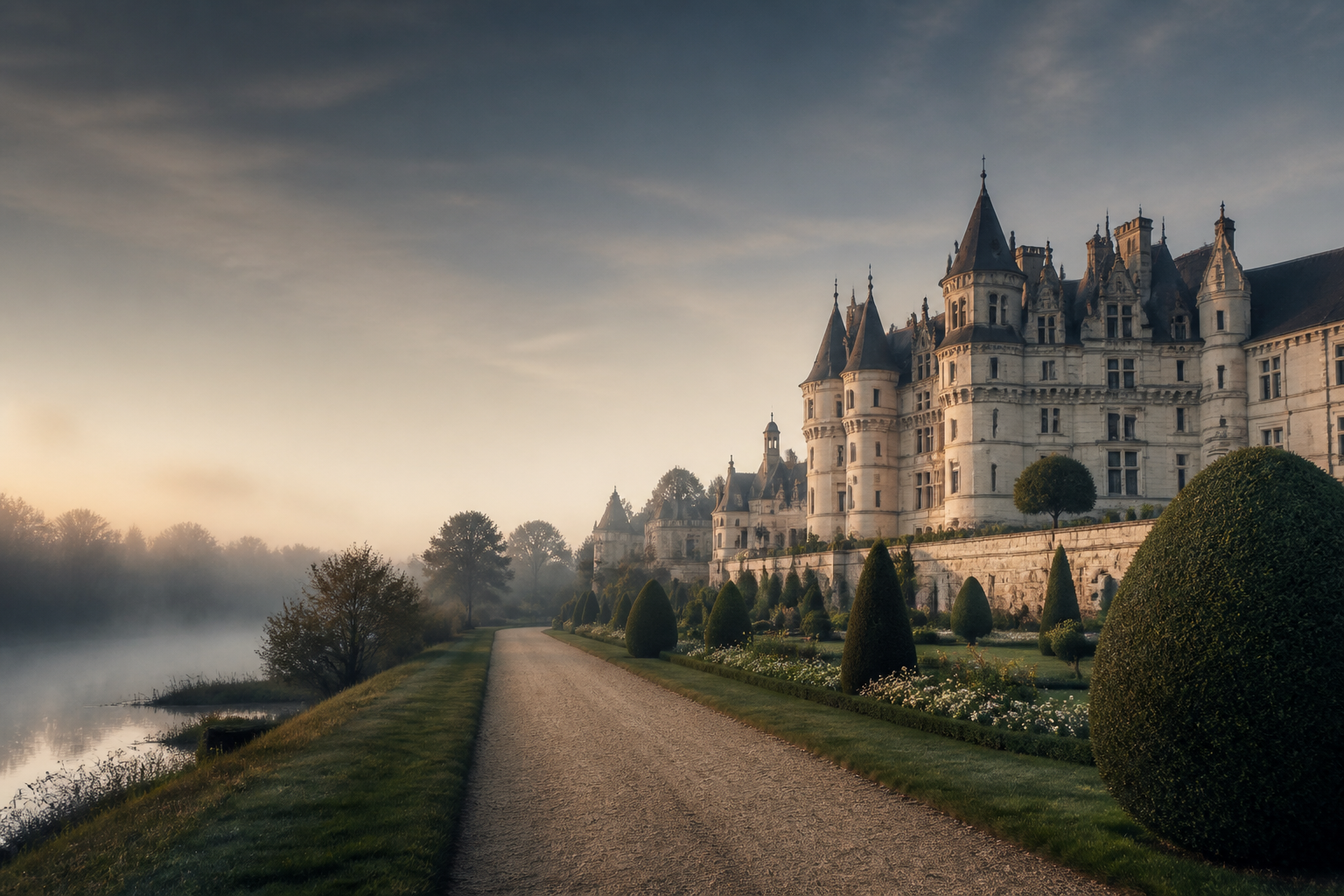 A château in the Loire Valley at dawn