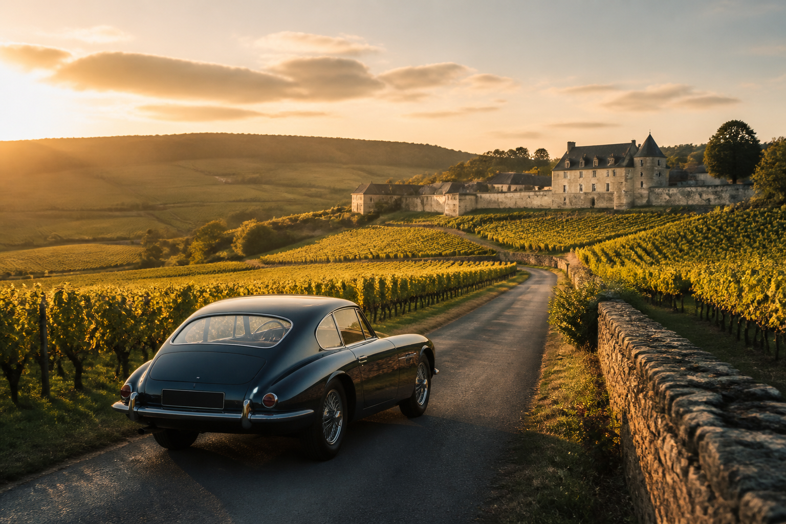 A classic car on a vineyard road in France