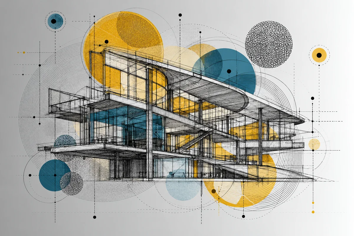 Ilustración editorial de un boceto arquitectónico con formas geométricas en ámbar y azul