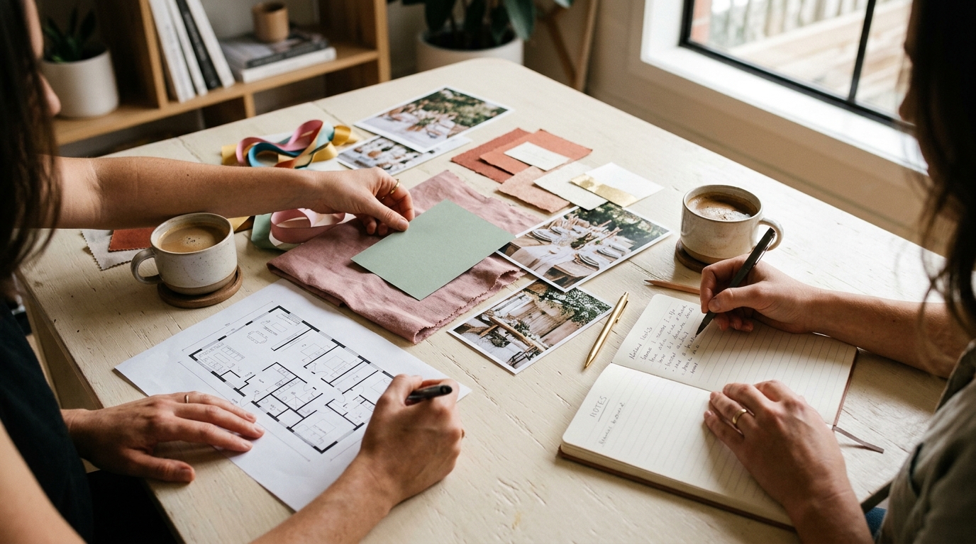 Ruce při společném plánování eventu nad moodboardem a půdorysem