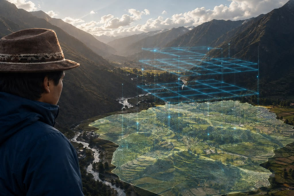 Especialista observando un valle montañoso con red LiDAR y modelo territorial superpuesto