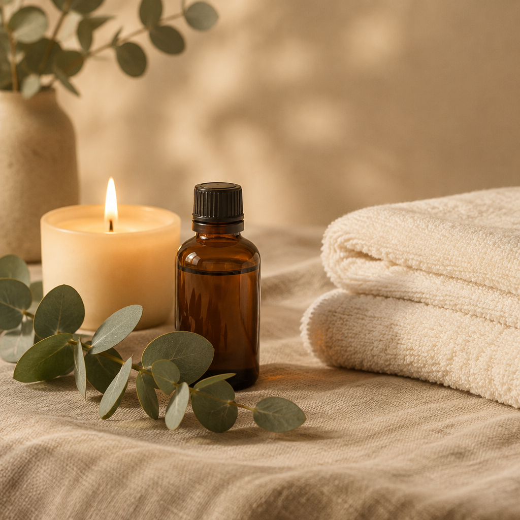 Uklidňující wellness atmosféra se svíčkou a éterickým olejem