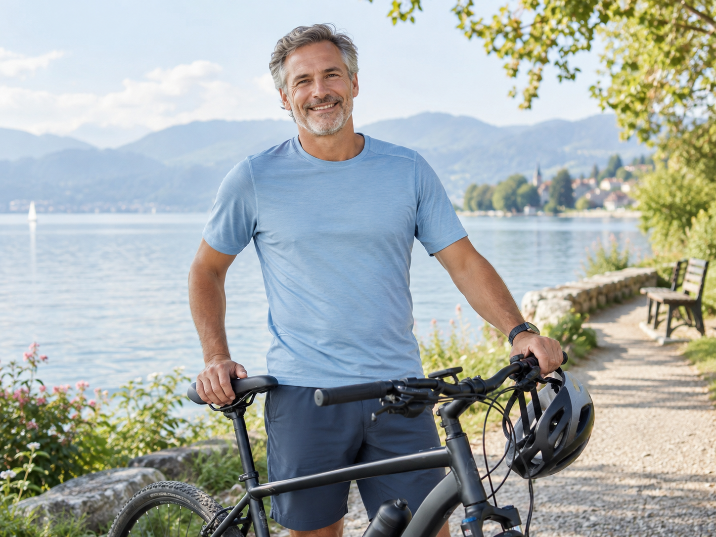 A smiling man with a bicycle by a lake