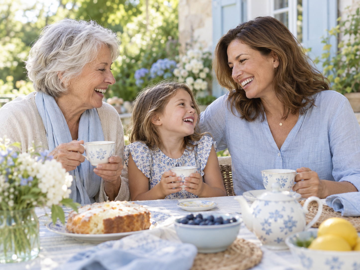 Three generations sharing a happy moment in the garden
