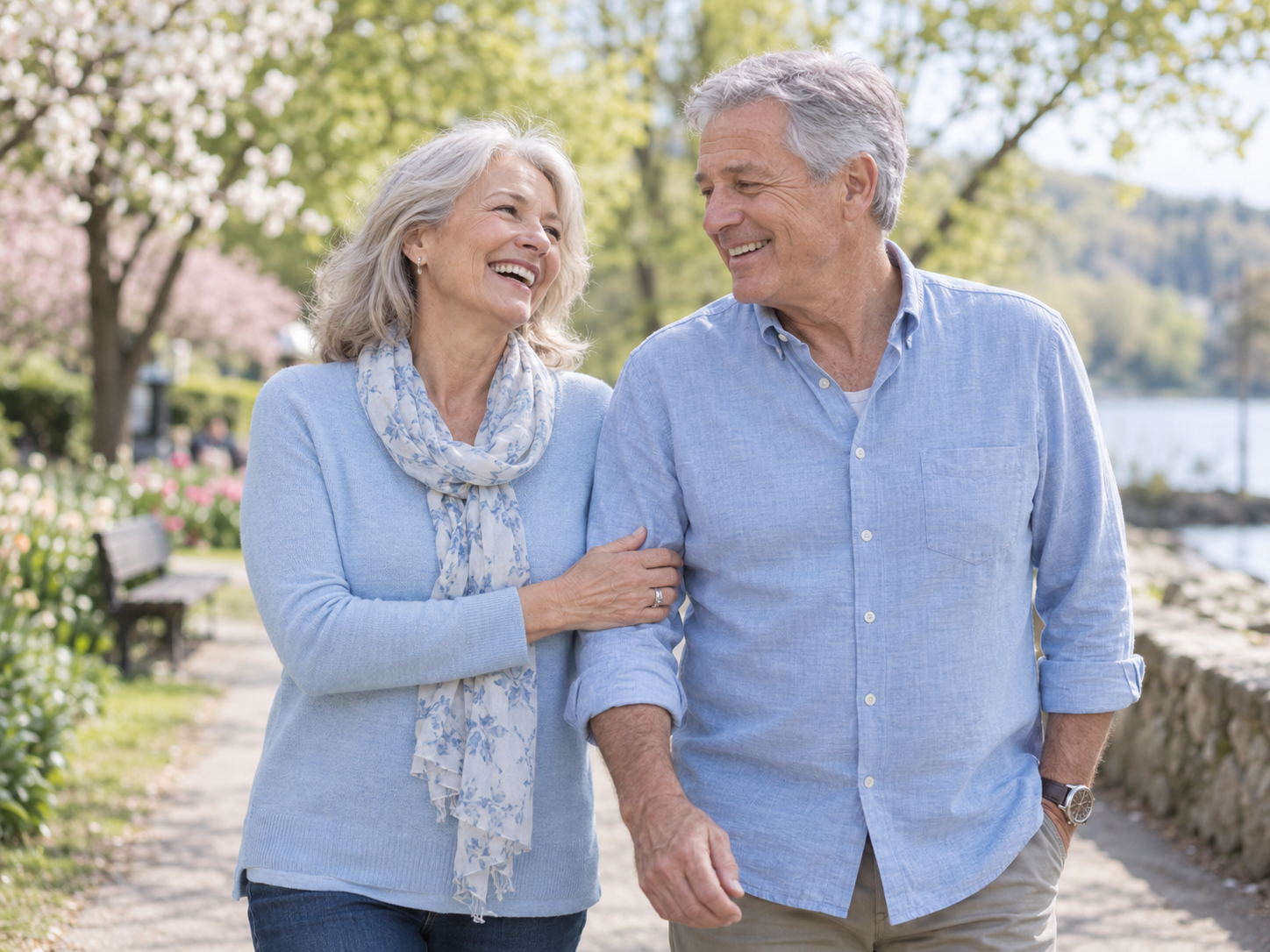 A smiling older couple walking in a park