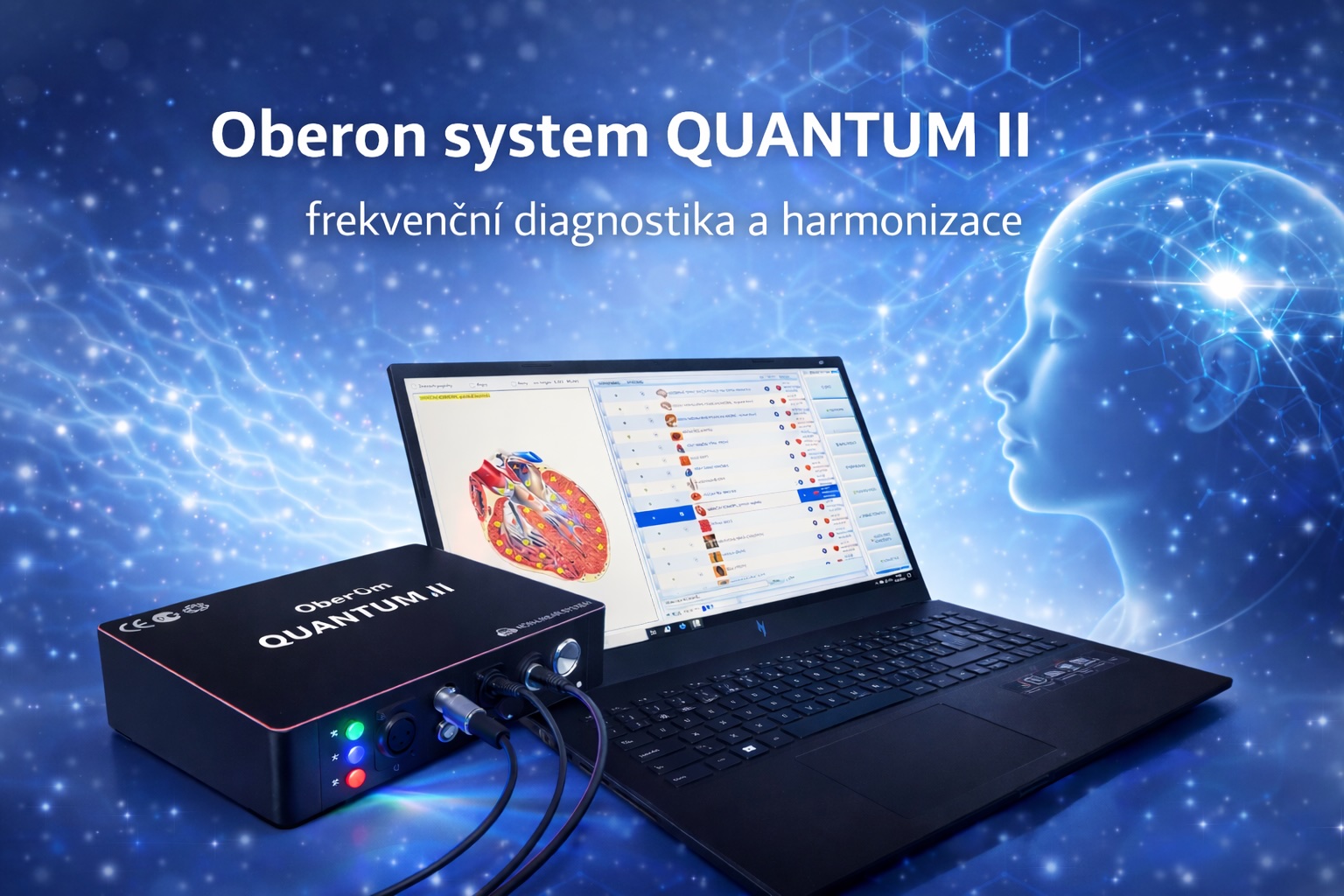 OBERON QUANTUM II – přístroj s notebookem na modrém pozadí, frekvenční diagnostika a harmonizace