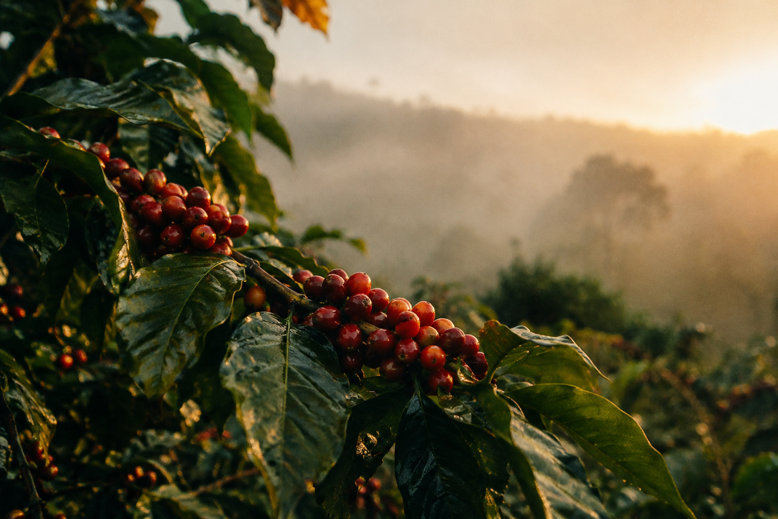 Kaffeplant med röda bär i dimmiga högländer vid soluppgången