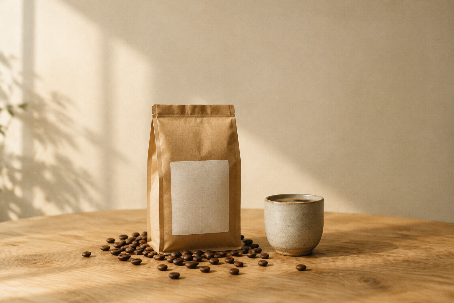 Kraftpåse med färskrostat kaffe, kaffebönor och en keramikmugg på träbord