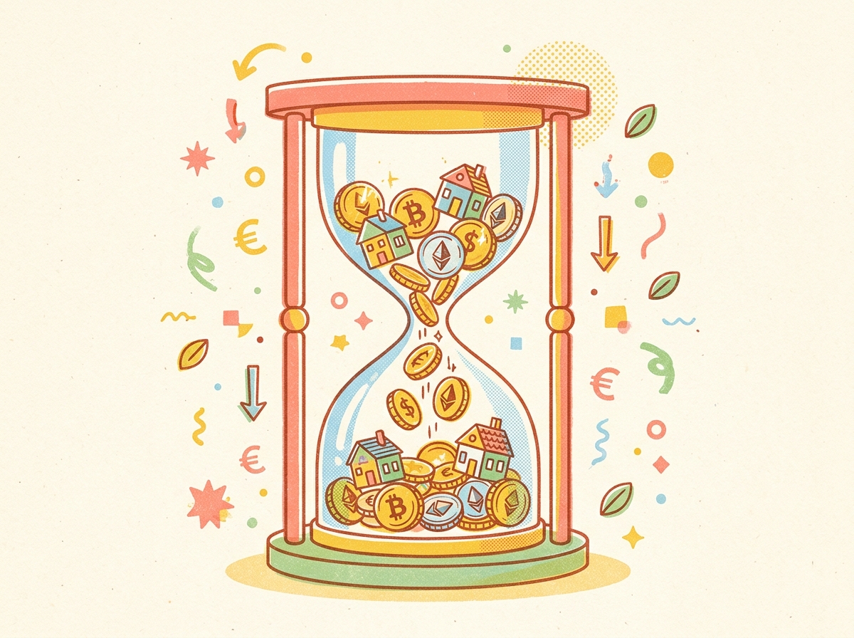 Zandloper met goudmunten, cryptomunten en huisjes — tijdsdruk van de meerwaardebelasting