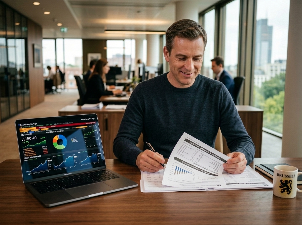 Belgische ondernemer bekijkt financiële documenten en aandelengrafieken — meerwaardebelasting
