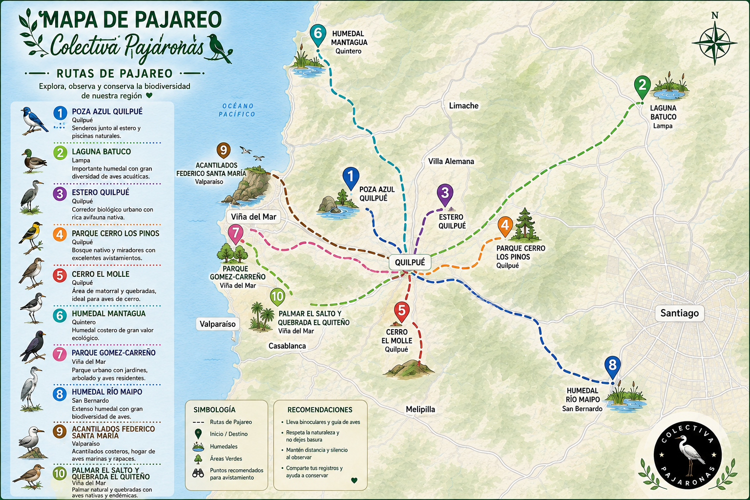 Mapa de pajareo de Colectiva Pajaronas con diez rutas y destinos de la zona central de Chile
