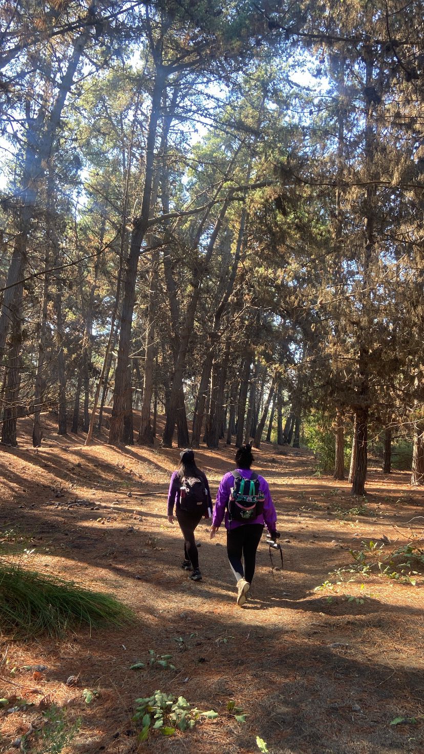 Macarena y Andrea caminando juntas por un bosque