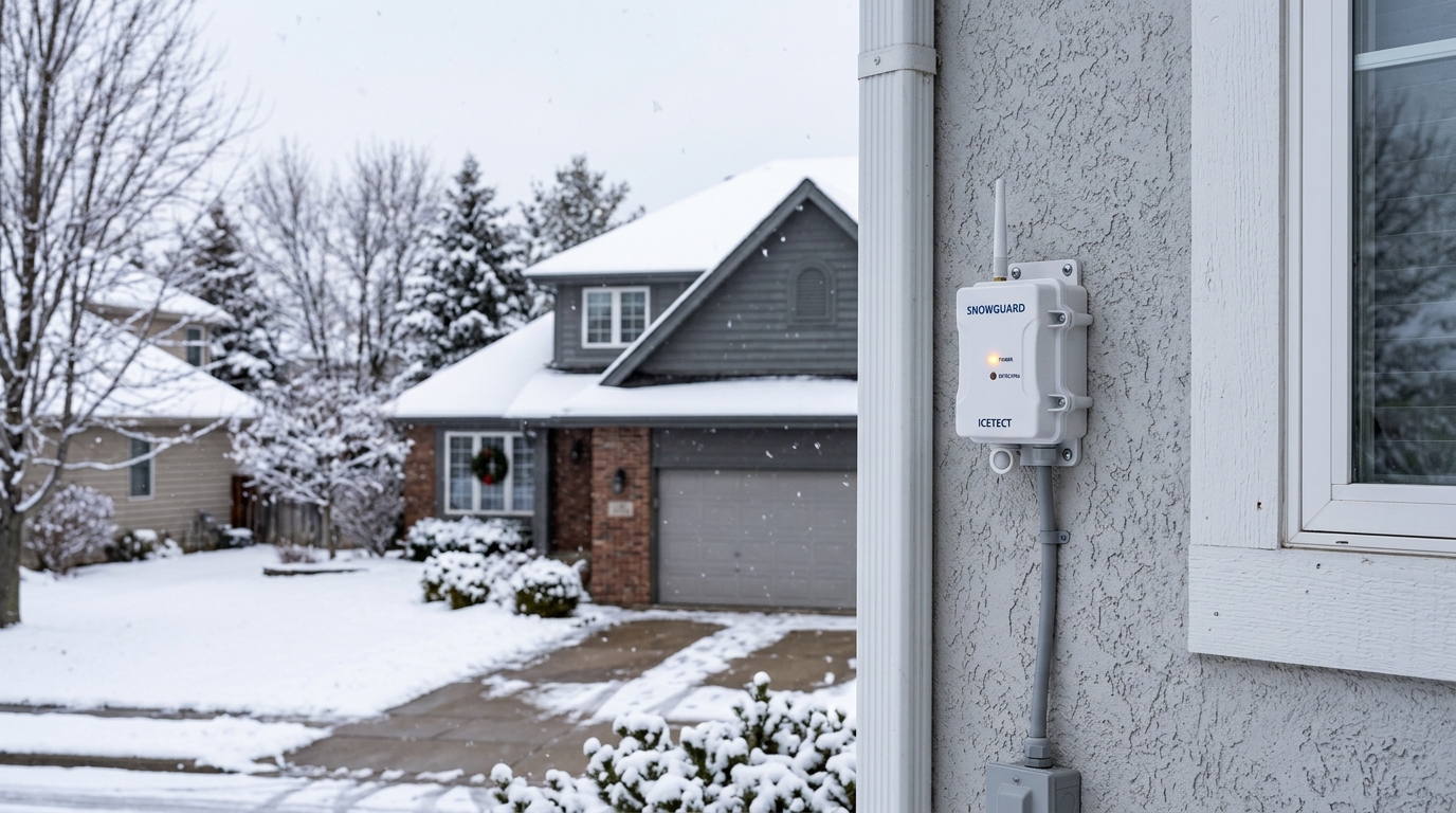 Automatic snow and ice detection sensor mounted on house exterior wall