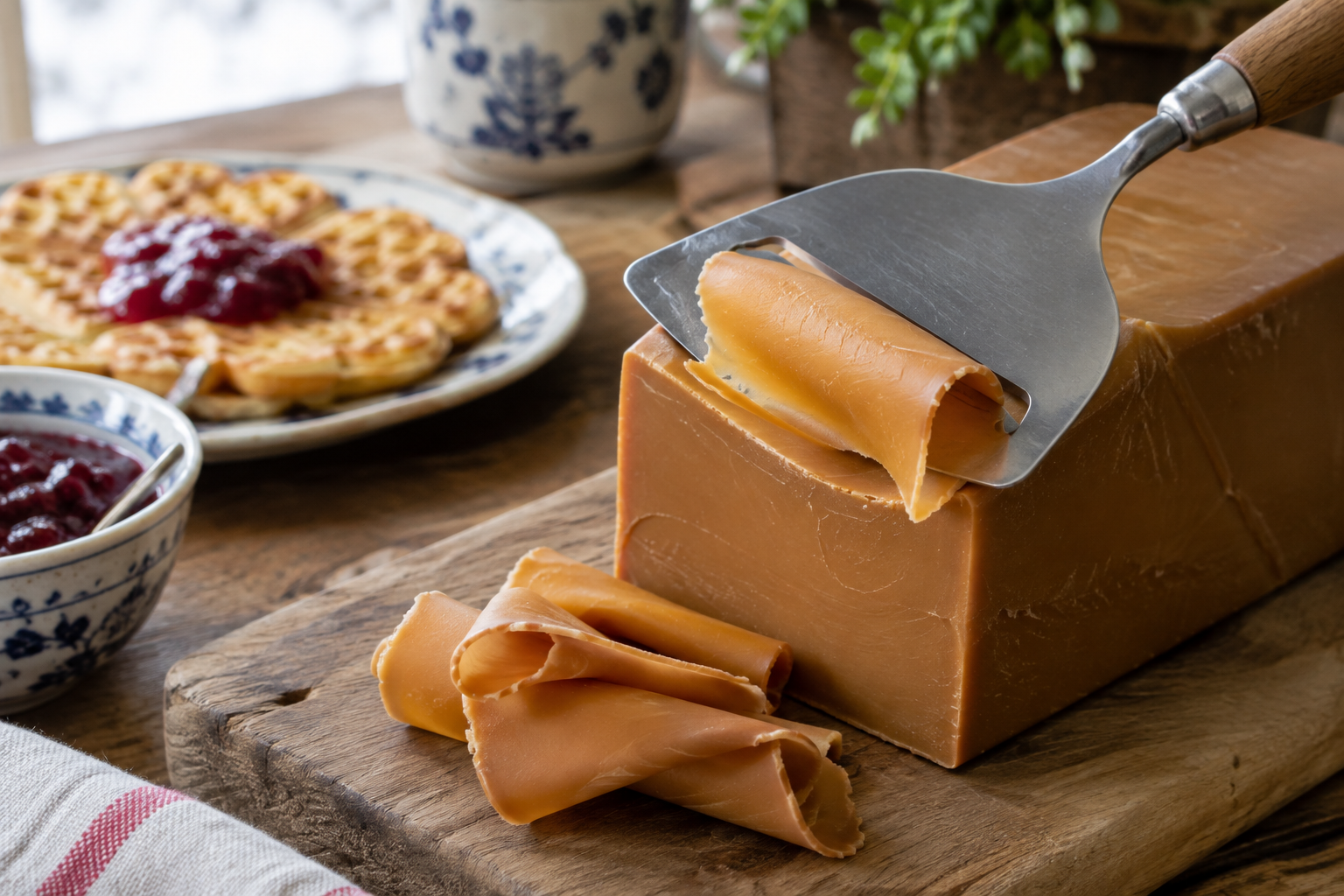 Block of Norwegian brunost brown whey cheese being shaved with a cheese slicer, waffles with jam in the background