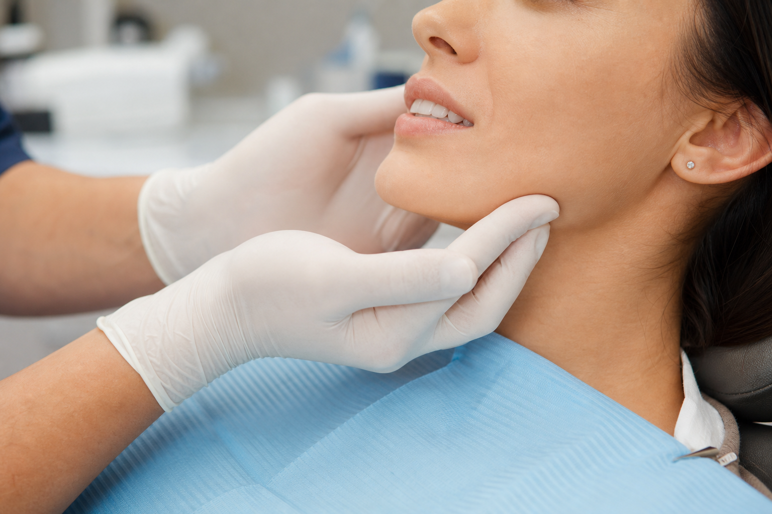 Dentista con guantes evaluando la articulación mandibular de la paciente — rehabilitación neuro-oclusal