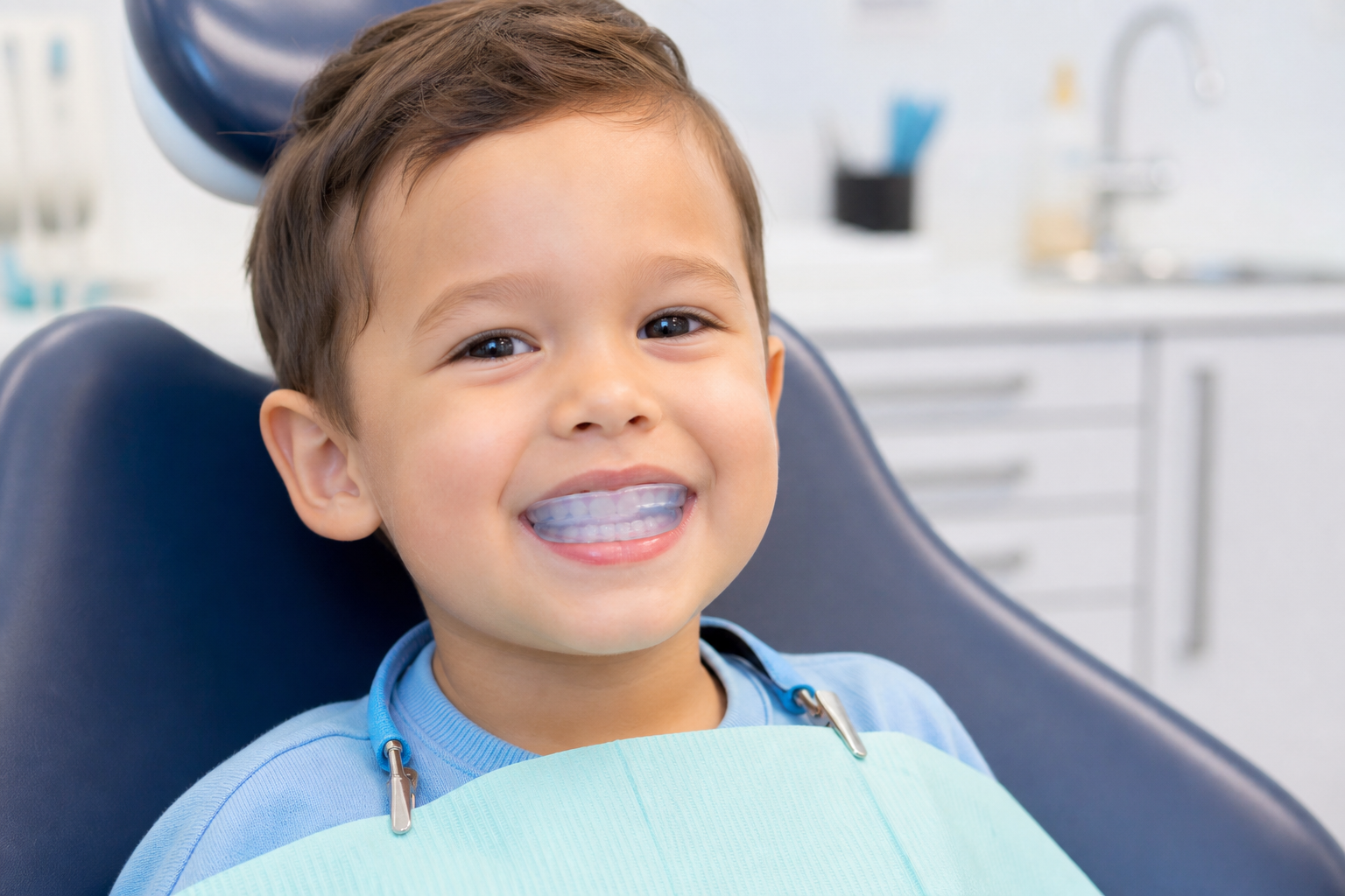 Niño de 4 años con aparato miofuncional en consulta dental — terapia miofuncional infantil