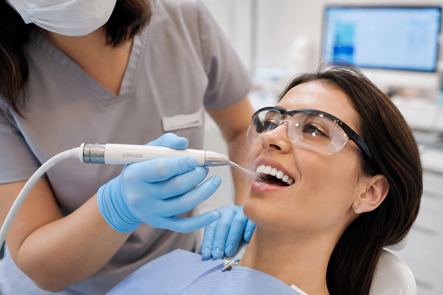 Higienista aplicando tratamiento Air Flow sobre los dientes de la paciente con gafas protectoras