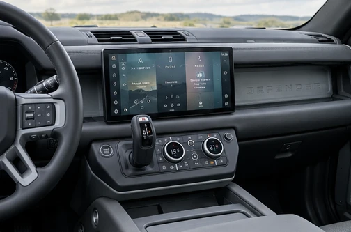 AI ilustrační snímek, nikoli oficiální fotografie nebo přesná technická dokumentace Land Rover Pivi Pro – ilustrační interiér