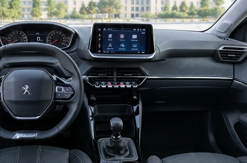 AI ilustrační snímek, nikoli oficiální fotografie nebo přesná technická dokumentace Peugeot i-Cockpit (NAC Wave 2) – ilustrační interiér