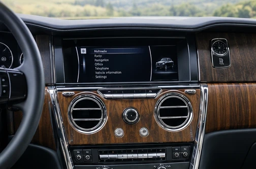 AI ilustrační snímek, nikoli oficiální fotografie nebo přesná technická dokumentace Rolls-Royce Spirit of Ecstasy Rotary Controller – ilustrační interiér