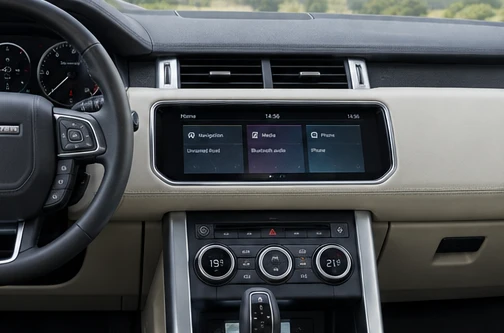 AI ilustrační snímek, nikoli oficiální fotografie nebo přesná technická dokumentace Land Rover InControl Touch Pro – ilustrační interiér