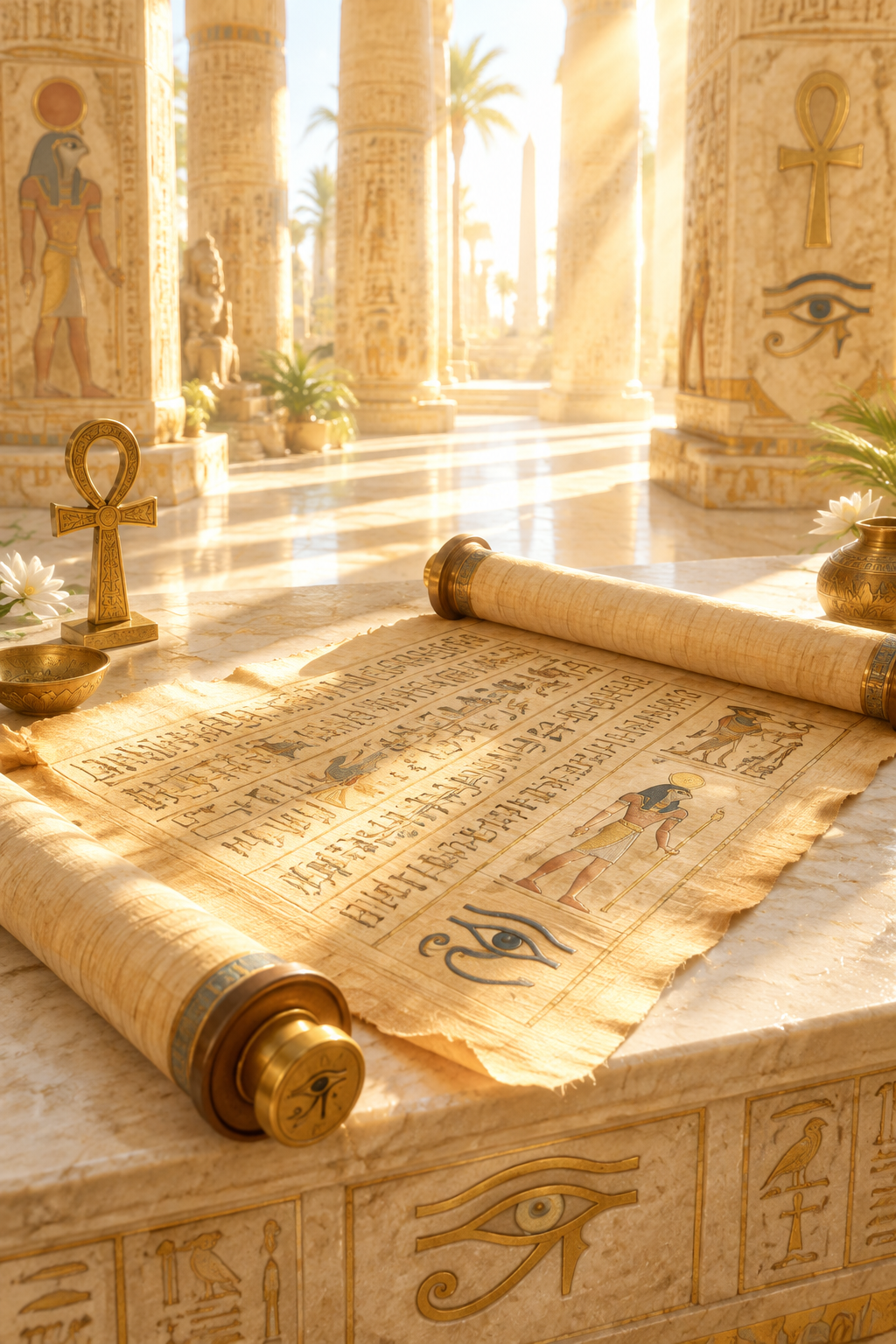 Otevřený papyrusový svitek s egyptskými symboly ve sluncem prostupnutém chrámu
