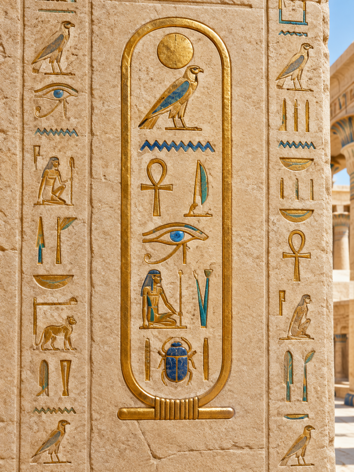 Zlatá egyptská kartuše s hieroglyfy vytesaná do světlého pískovce