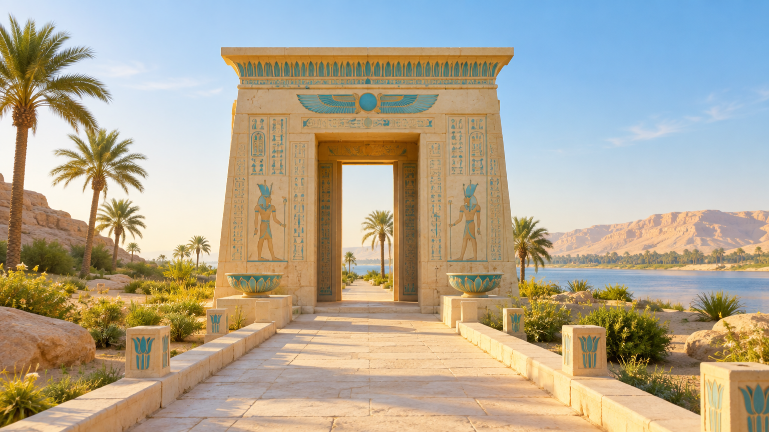 Světlá pískovcová brána egyptského chrámu s tyrkysovými detaily na začátku sluncem zalité kamenné cesty