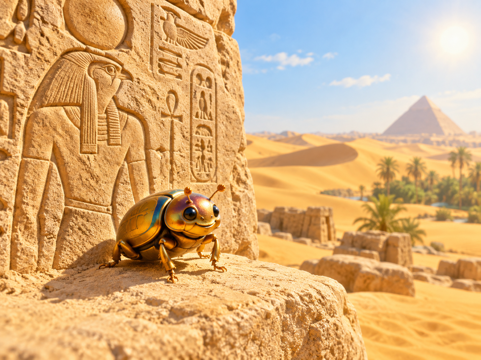 Zlatý brouk u světlého egyptského reliéfu vrhajícího jemný stín na sluncem zalité poušti