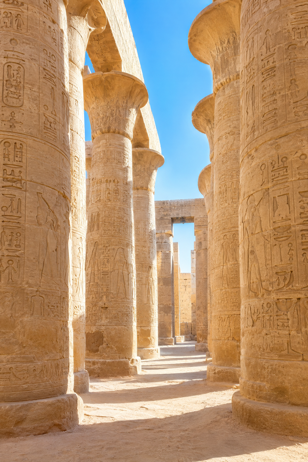 Pískovcové sloupy egyptského chrámu s hieroglyfy zalité ranním sluncem