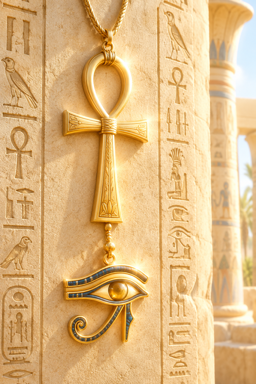 Zlatý amulet anchu a Horova oka na světlém pískovcové zdi s hieroglyfy