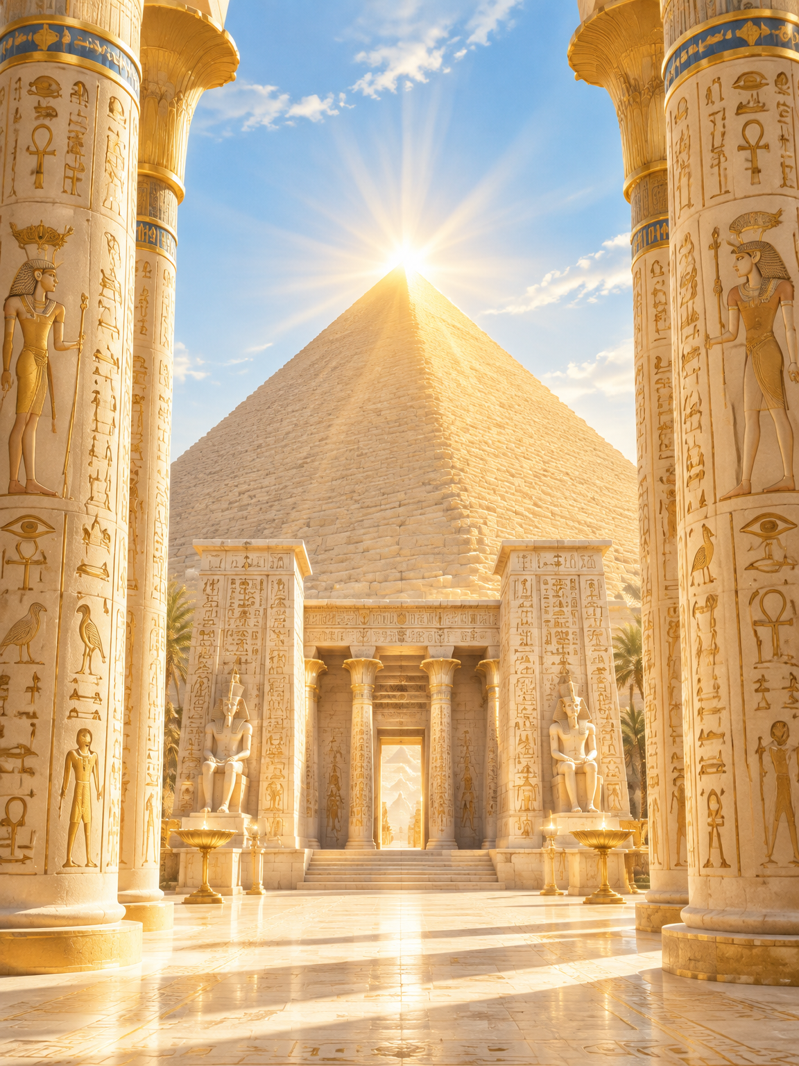 Zlatě zářící pyramida s paprsky světla mezi chrámovými sloupy s hieroglyfy jako druhý krok cesty