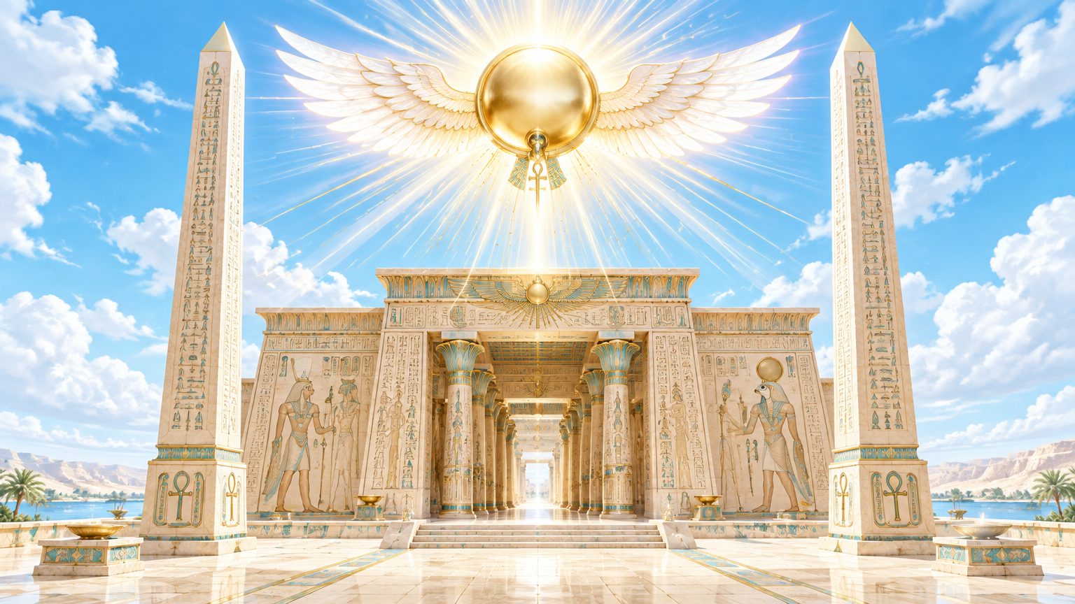 Zlatý okřídlený sluneční disk s bílými světelnými křídly nad otevřeným světlým egyptským chrámem mezi obelisky pod modrou oblohou jako završení linie KAI – Ra-Sheeba