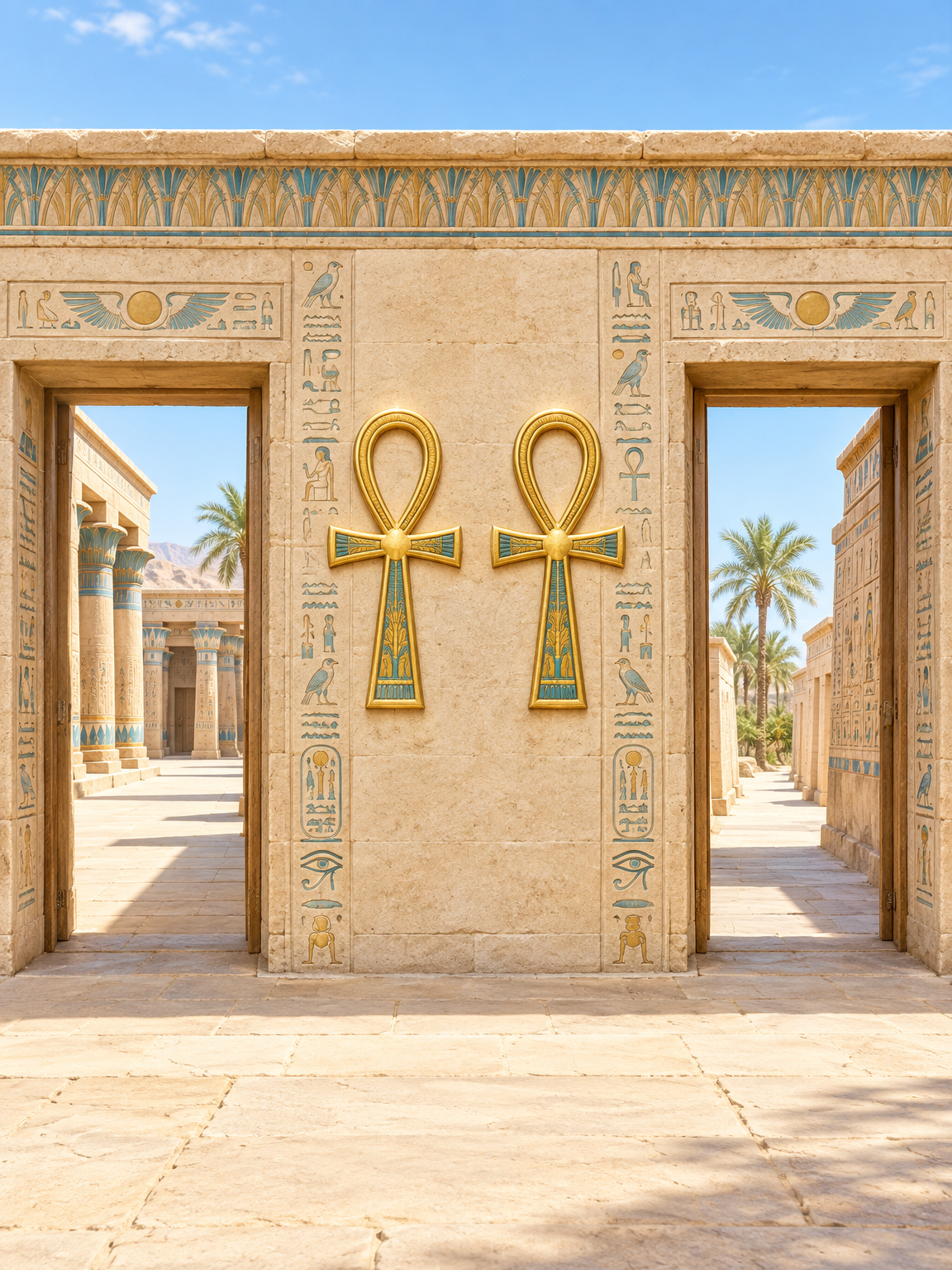 Dva zlaté egyptské Ankh symboly vedle sebe na světlé pískovcové zdi mezi dvěma otevřenými branami egyptského chrámu