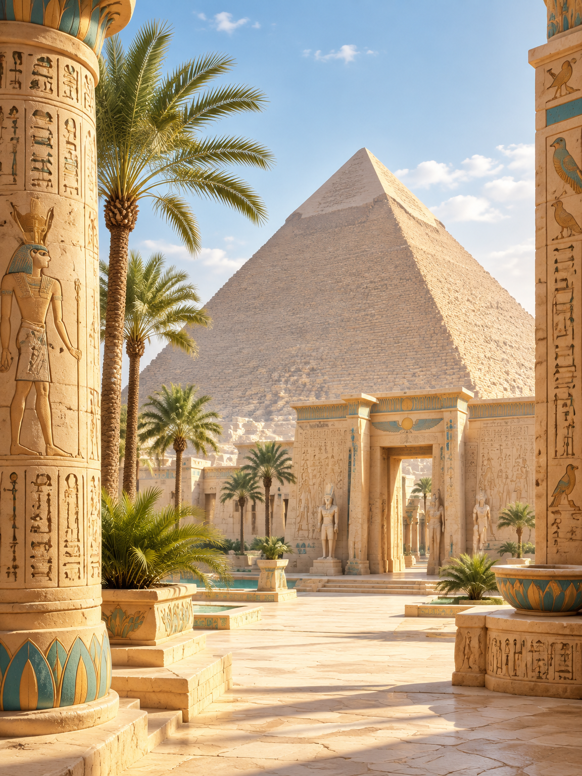 Egyptská pyramida ze světlého pískovce mezi palmami a chrámovými sloupy ve slunečním světle jako začátek cesty