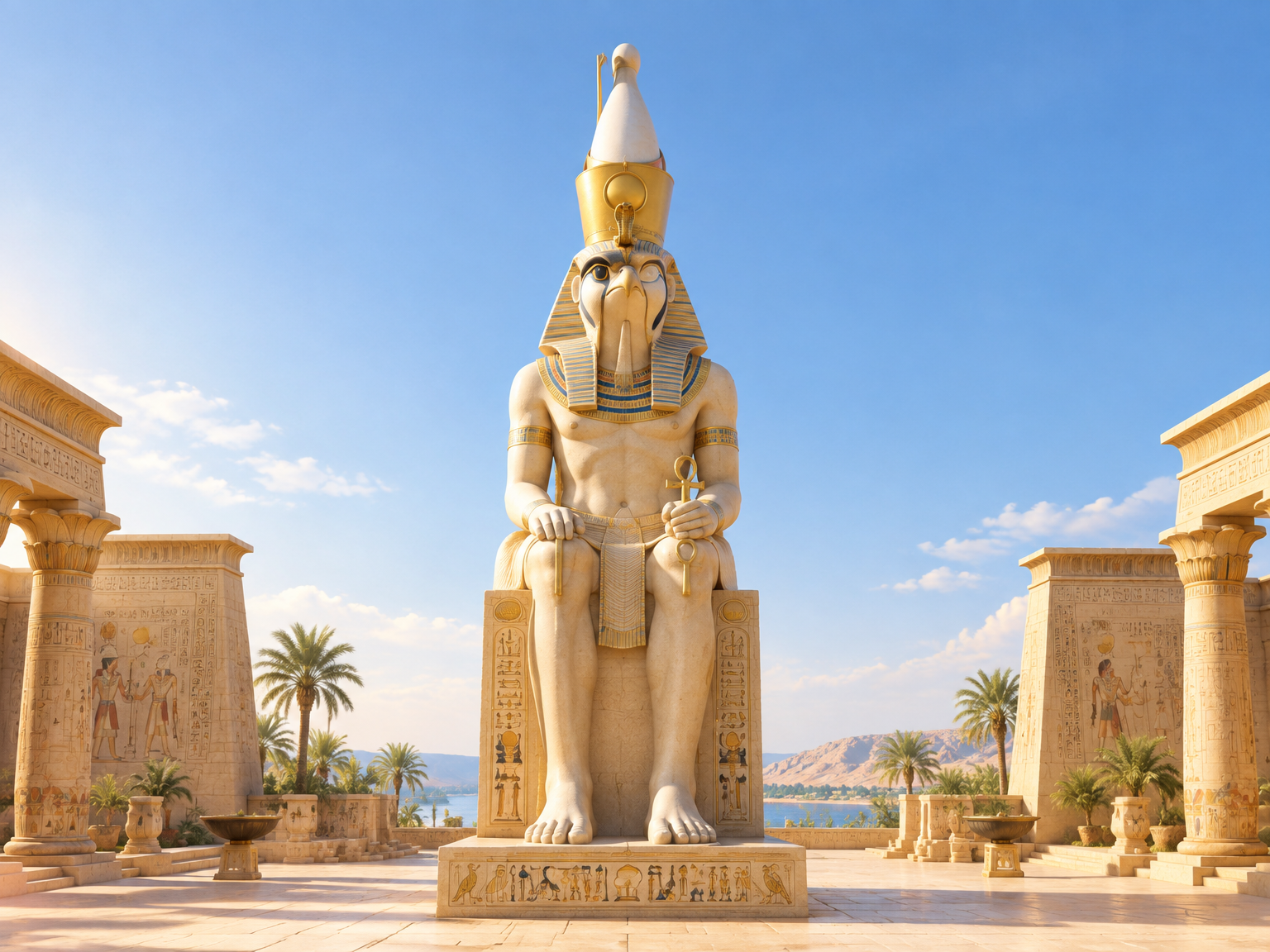 Monumentální světlá pískovcová socha egyptského boha s korunou v otevřeném chrámu pod modrou oblohou