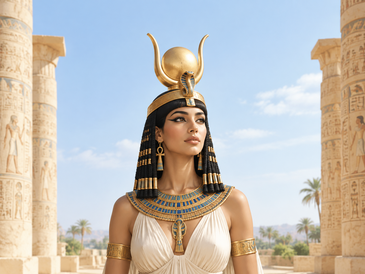 Elegantní egyptská bohyně s celou hlavou a zlatou korunou Hathor ve světlém sluncem zalitém chrámu