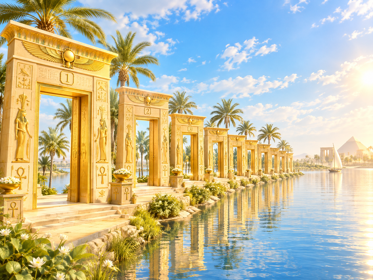 Řada devíti zlatých egyptských bran vedoucí podél slunečného Nilu s palmami